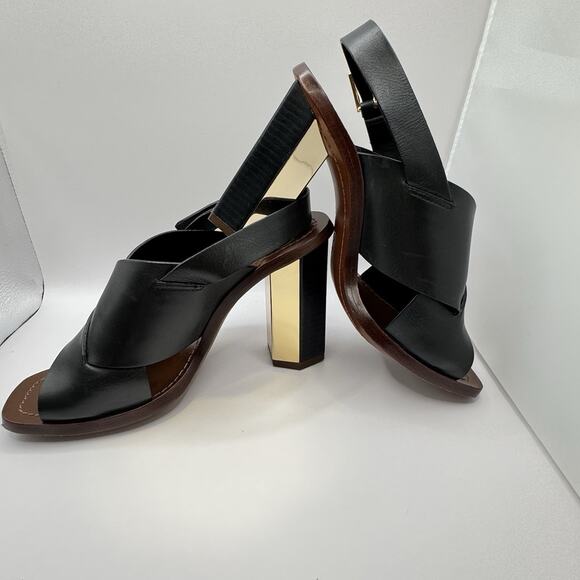 Tory Burch Bleeker Black Leather Slingback Gold Heels Sandals size 6.5 Designer - Picture 8 of 16